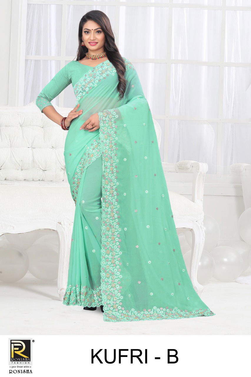 Ronisha Kufri Heavy Georgette Embroidery Designer Fancy Wear Saree Collection
